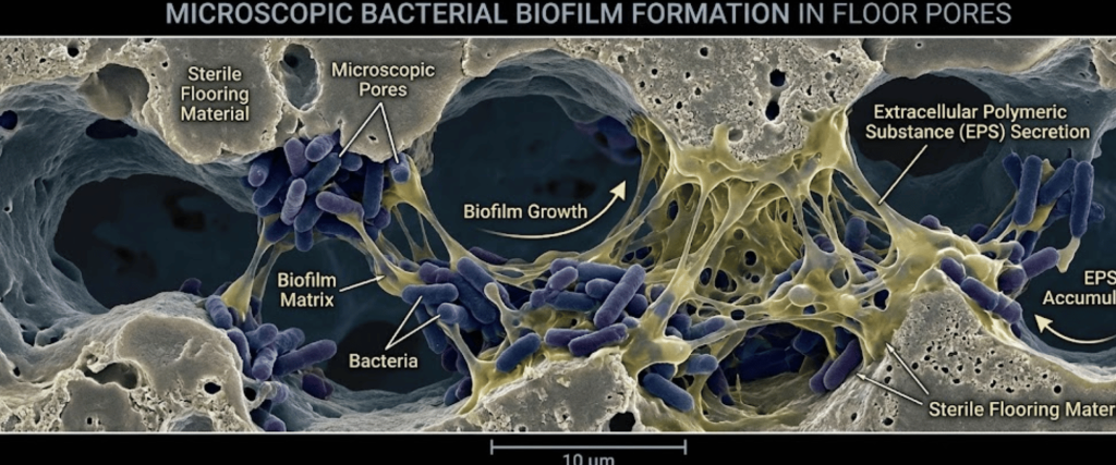 Microscopic view of bacterial biofilm in floor pores: rod-shaped bacteria embedded in a yellowish EPS matrix between sterile flooring