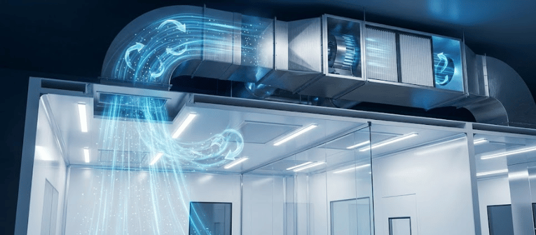 Modern commercial HVAC ducts and vents above a glass-walled room with visualized cool airflow and filtered air circulation