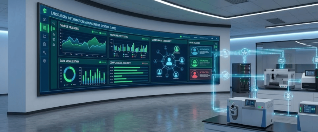 Modern laboratory with connected instruments and a large wall display showing data charts, system status, and sample tracking