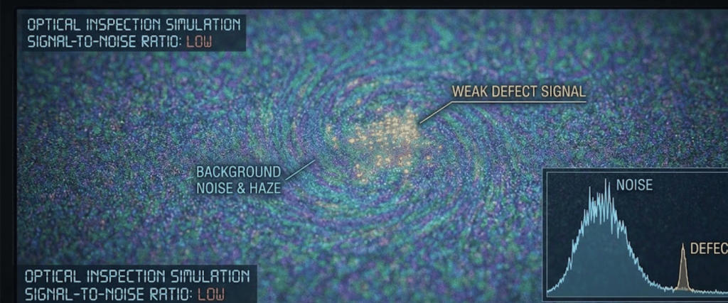 Optical inspection simulation image showing low signal-to-noise, background noise haze, and a weak defect signal highlighted