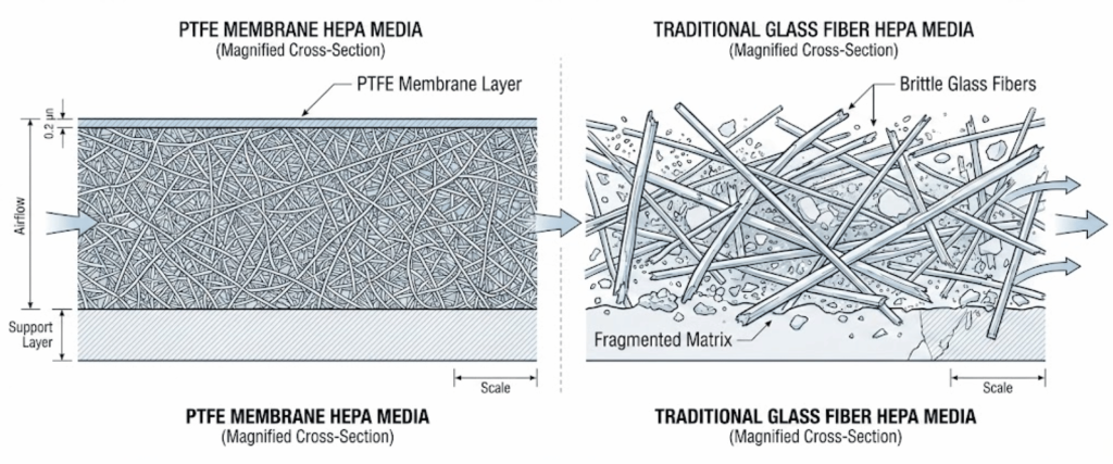 PTFE membrane HEPA cross-section shows dense fine fibrous layer over support; traditional glass-fiber HEPA shows loose brittle fibers and fragmenting matrix