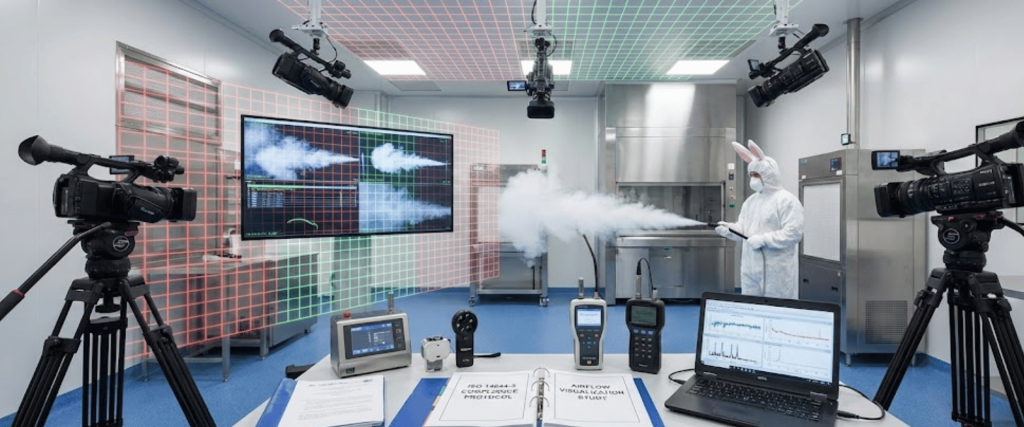 Person in full cleanroom suit and bunny hood holding a device that emits test aerosol while cameras and monitoring equipment record data in a lab