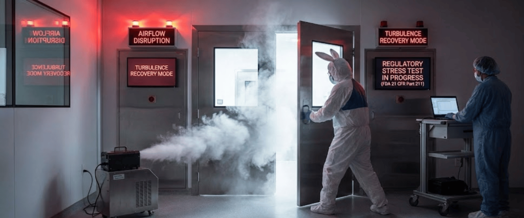 Person in hazmat suit opening door as fog fills a lab corridor, another technician monitors data on a laptop during a stress test