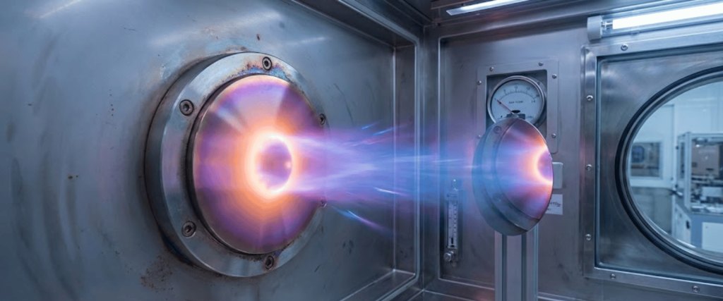 Plasma jet testing in a stainless-steel vacuum chamber, glowing purple-orange plume emitted between circular electrode ports
