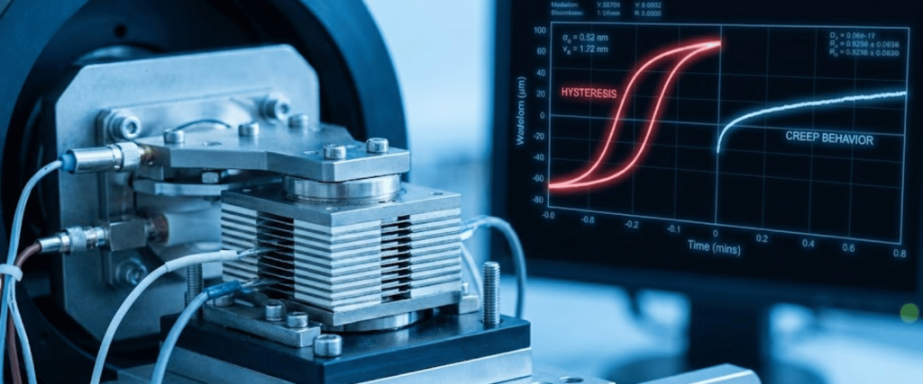 Precision lab setup with metallic testing instrument and monitor showing hysteresis and creep behavior graphs