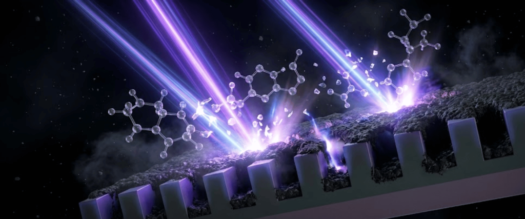 Purple laser beams strike a textured surface, sparking glowing molecular structures and fragments above a patterned substrate