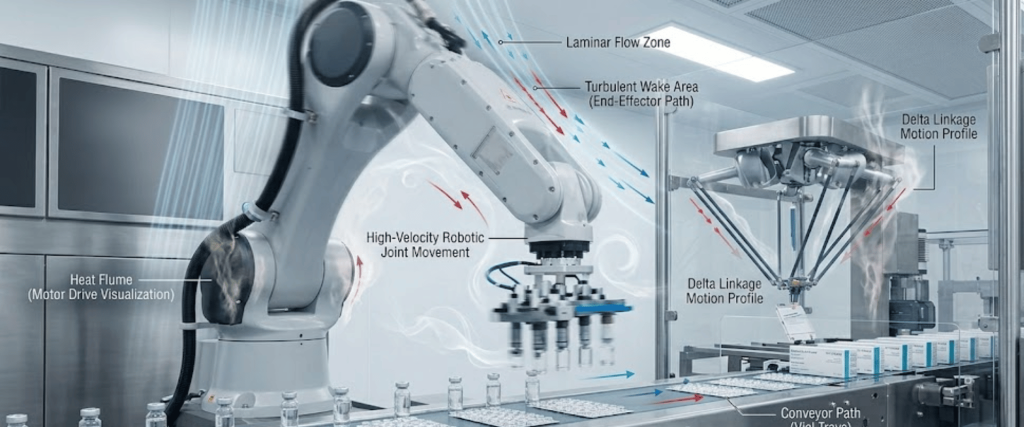 Robotic arms pick and place vials on a sterile conveyor in a high-speed pharmaceutical production line
