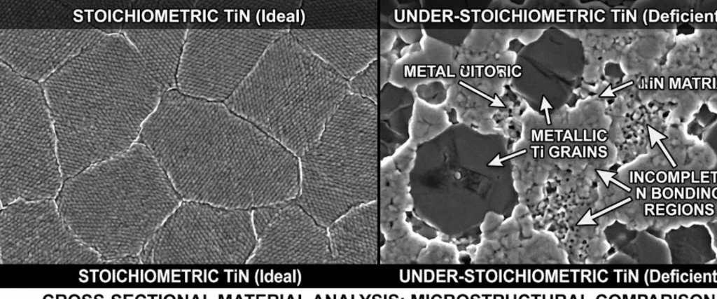 SEM image of stoichiometric TiN showing uniform, tightly packed columnar grains with clear grain boundaries