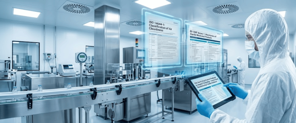 Scientist in full cleanroom gear using a tablet to monitor an automated sterile pharmaceutical production line in a modern lab