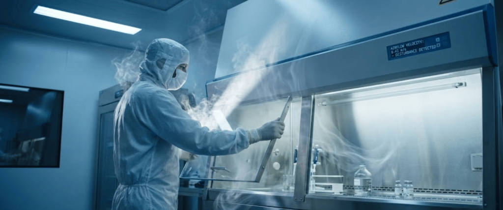 Scientist in full cleanroom suit working at a sterile laminar flow hood with vials and visible airflow