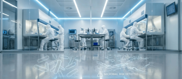 Scientists in full cleanroom suits working at laminar-flow benches in a sterile lab, with a digital overlay warning of microbial risk