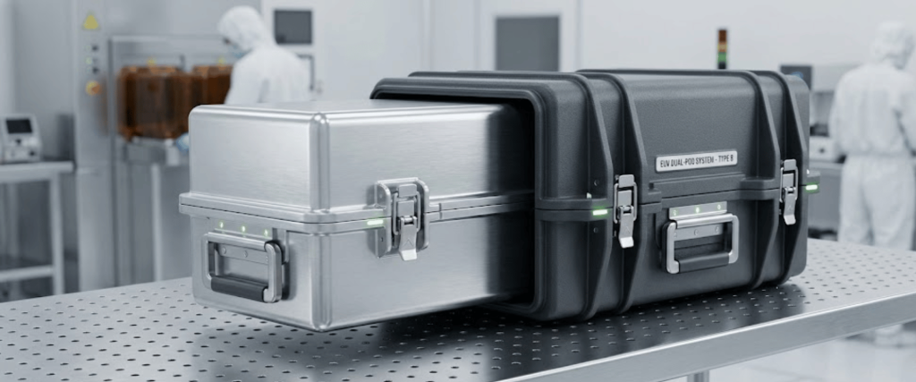 Sealed stainless-steel and hard-shell black transport cases with indicator lights on a lab bench, technicians in full PPE working in a sterile facility