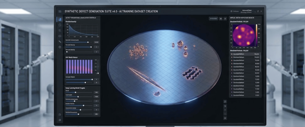 Silicon wafer inspection dashboard showing simulated defects, control panels and defect thumbnails in a server lab