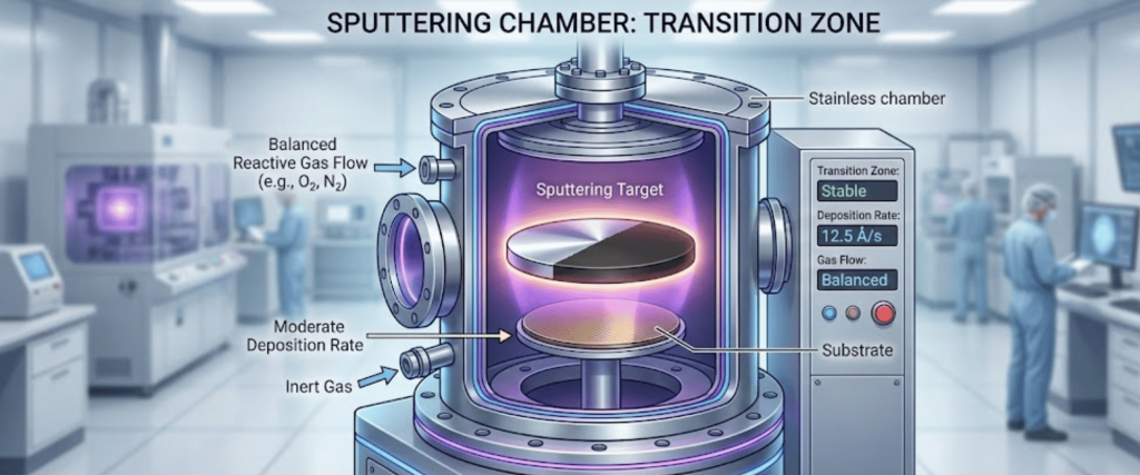 Sputtering chamber cross-section showing target, substrate, glowing plasma, gas flow labels, control panel, and lab technicians in cleanroom