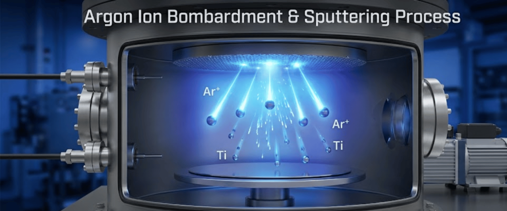 Sputtering chamber showing argon ions striking a titanium target, ejecting Ti atoms to coat a substrate under blue plasma glow