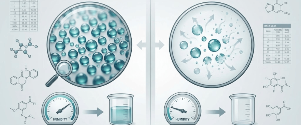 Stable condensed droplets under high humidity on left, rapidly evaporating mist into dry air on right.