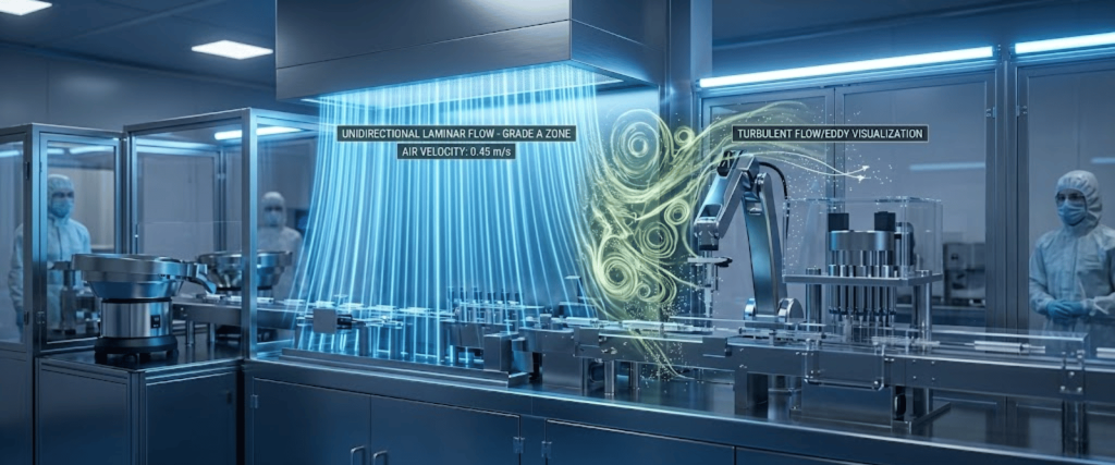Sterile cleanroom with automated filling line, laminar airflow curtains and fluid dynamics visualization over robotic equipment