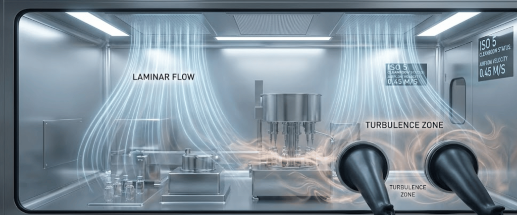 Sterile glovebox with laminar airflow over equipment and labelled turbulence zones near glove ports, ISO 5 cleanroom display