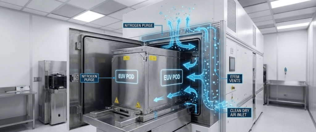 Sterile lab room with a metal EUV pod inside a nitrogen-purged transfer chamber, showing EFEM vents and clean dry air inlet