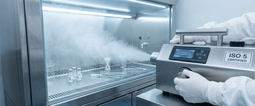 Sterile lab technician in gloves operating an ISO5-certified fogging sterilizer inside a stainless steel cleanroom cabinet with vials and glassware