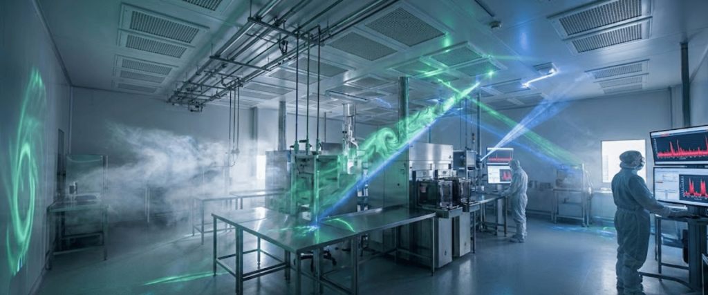 Sterile lab with technicians in protective suits monitoring equipment and glowing green-blue laser beams and vapor swirling around
