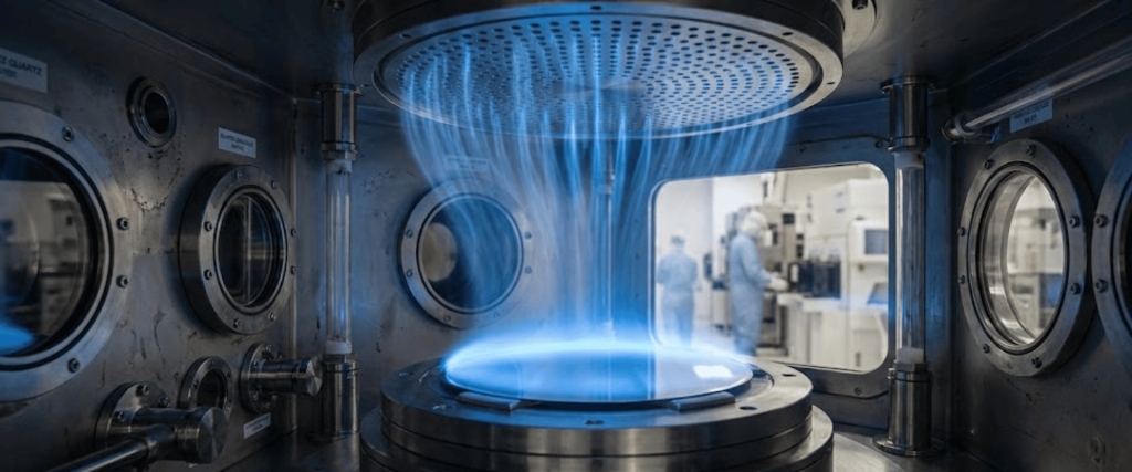 Sterile laboratory chamber with glowing blue plasma stream over a circular metal platform; technicians visible through a window