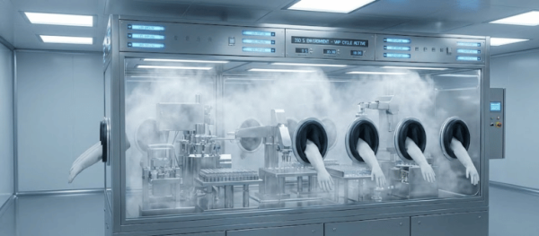 Sterile laboratory isolator with gloved ports, automated equipment and vapor inside, used for handling sensitive pharmaceutical materials
