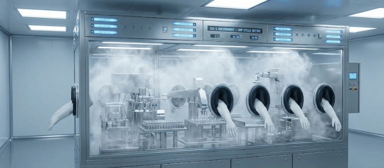 Sterile laboratory isolator with gloved ports, automated equipment and vapor inside, used for handling sensitive pharmaceutical materials