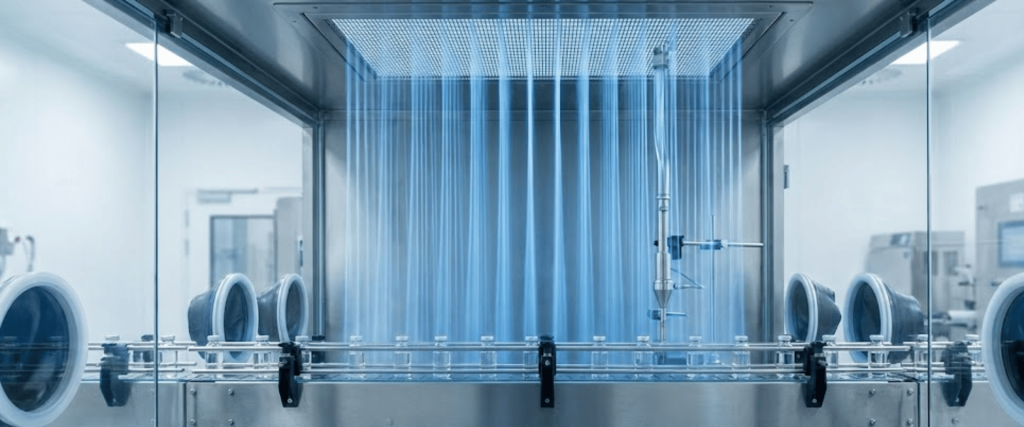Sterile pharmaceutical filling room with conveyor, glass vials and automated nozzles behind protective glass in a cleanroom