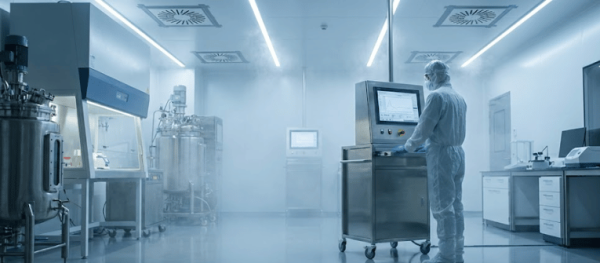 Sterile pharmaceutical lab with technician in full cleanroom suit operating a touchscreen control panel amid stainless steel bioreactors and equipment