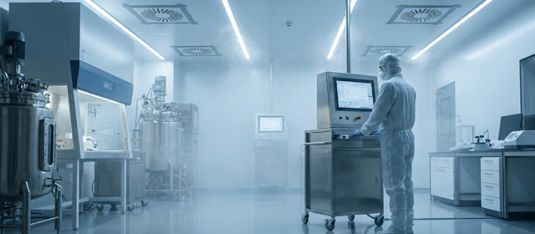 Sterile pharmaceutical lab with technician in full cleanroom suit operating a touchscreen control panel amid stainless steel bioreactors and equipment