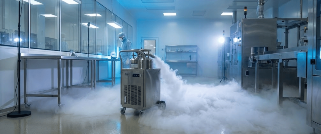 Sterile pharmaceutical lab with technician in protective suit and fogging machine releasing cold vapor across shiny production floor