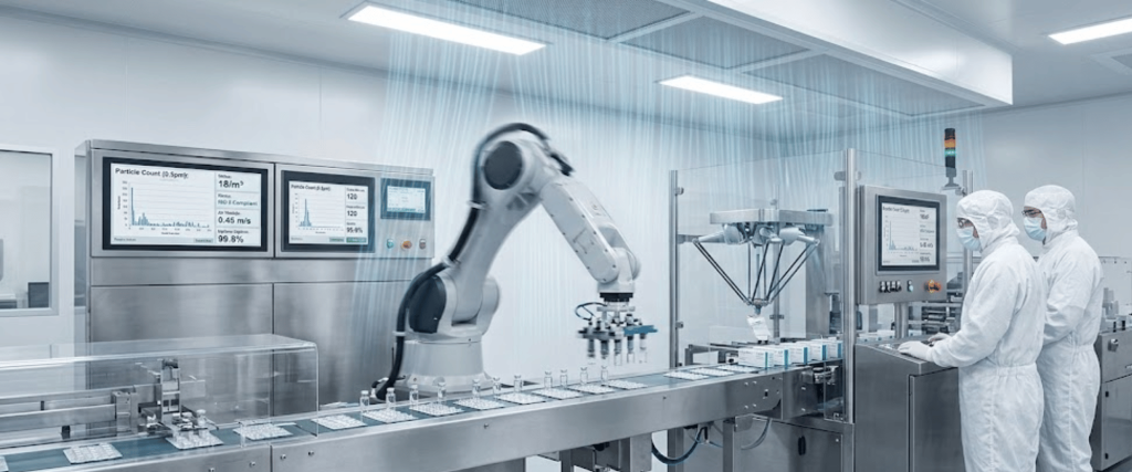 Sterile pharmaceutical production line with robotic arm placing vials, two technicians in full PPE monitoring controls in a cleanroom