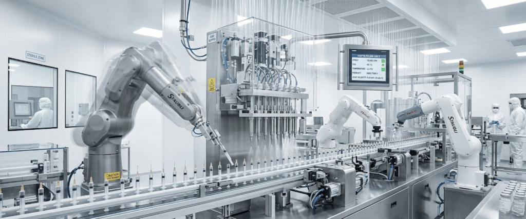 Sterile pharmaceutical production line with robotic arms filling vials, conveyor belt, and technicians in cleanroom suits