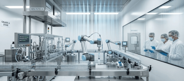 Sterile pharmaceutical production line with robotic arms filling vials on a conveyor as technicians observe through a glass window