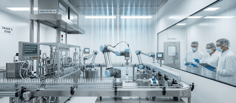 Sterile pharmaceutical production line with robotic arms filling vials on a conveyor as technicians observe through a glass window