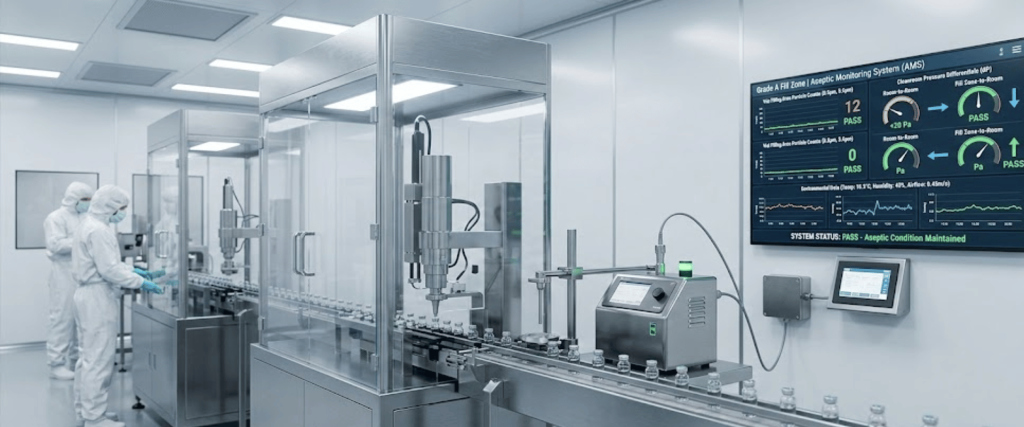 Sterile production line in a cleanroom with gloved technicians, conveyor of vials, filling machines and monitoring display