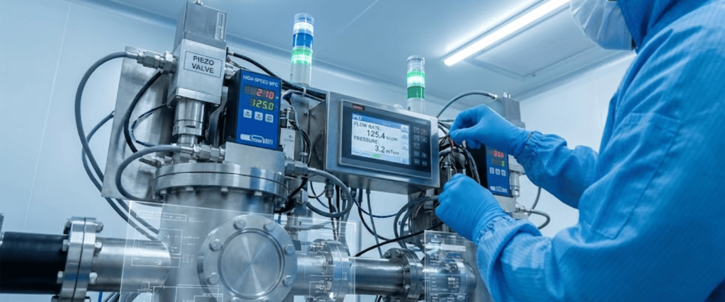 Technician in blue cleanroom suit and gloves adjusting gauges and wiring on stainless-steel pharmaceutical processing equipment