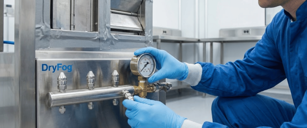 Technician in blue coveralls and gloves adjusting a pressure gauge on a stainless steel DryFog humidification system in a clean room