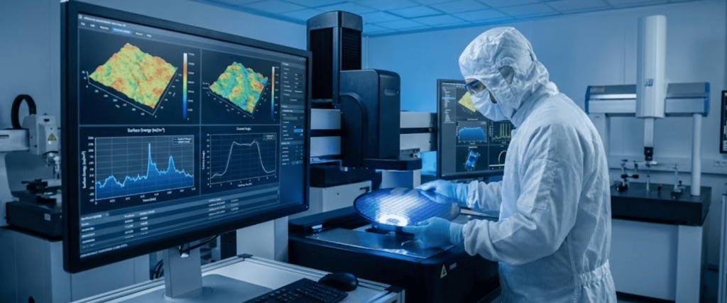 Technician in cleanroom handling a silicon wafer by inspection equipment, with large monitors displaying data and 3D surface maps