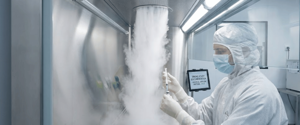 Technician in cleanroom suit handling a vial under a fume hood with vapor plume, sterile lab equipment and documentation nearby
