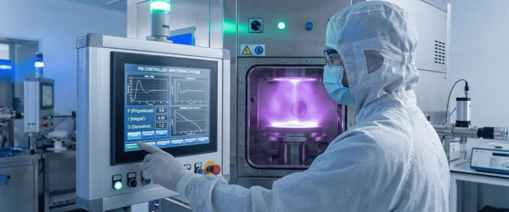 Technician in cleanroom suit operating a touchscreen control panel next to a plasma chamber emitting purple light