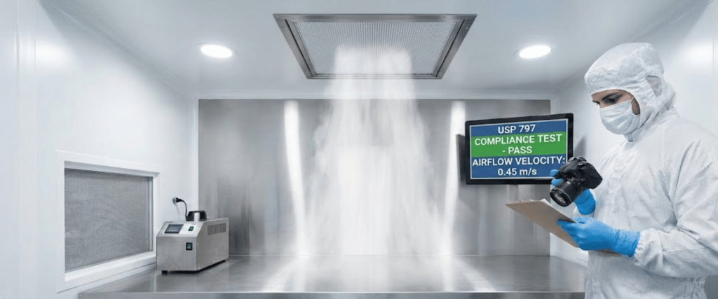 Technician in cleanroom suit records airflow test on stainless workbench beneath ceiling HEPA filter; monitor shows test pass