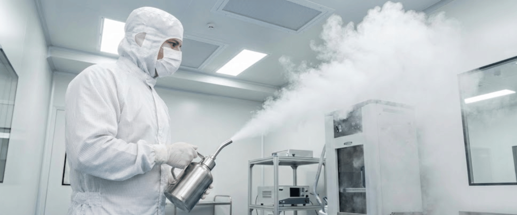 Technician in full cleanroom suit fogging disinfectant steam inside a sterile lab around equipment and cabinets
