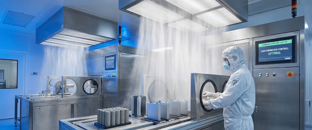 Technician in full cleanroom suit handling sterile equipment inside a controlled laminar-flow pharmaceutical manufacturing room.


