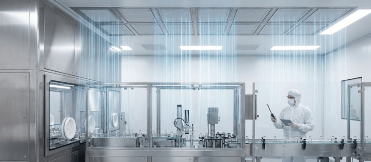 Technician in full cleanroom suit inspects automated pharmaceutical filling line inside a sterile, stainless-steel production room
