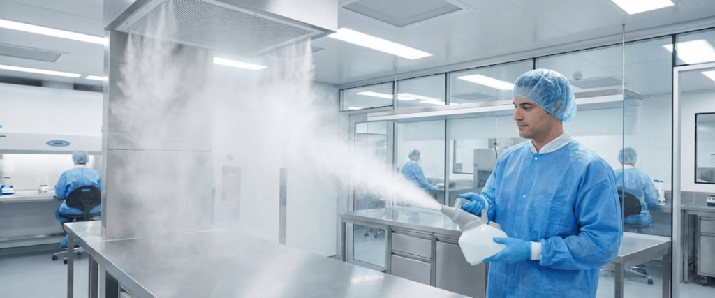 Technician in protective gown and hairnet spraying disinfectant fog across a sterile laboratory stainless steel workbench and hood