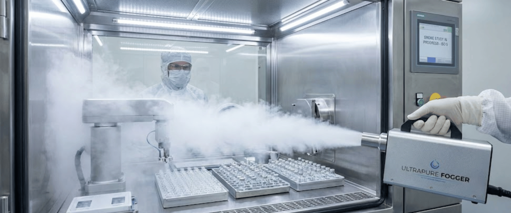Technician uses a fogger to disperse sterile smoke inside a stainless steel containment cabinet testing vial trays and equipment