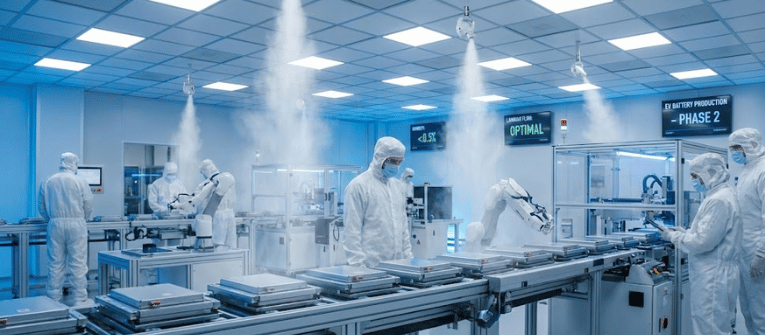 Technicians in full cleanroom suits monitor automated robots assembling EV battery modules on a bright, sterile production line