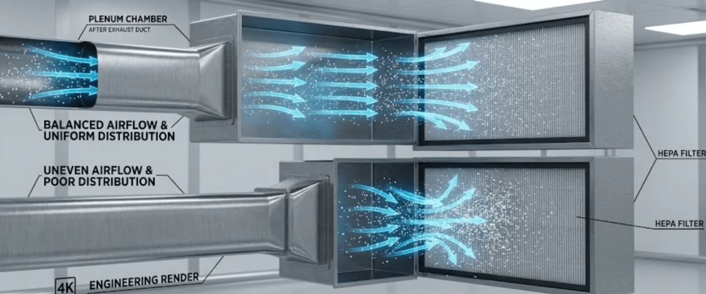 Top view of two HEPA filter ducts showing balanced vs. uneven airflow distribution with blue airflow arrows and particle filtration